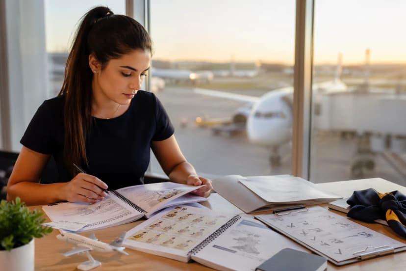 Cena realista em estilo editorial: uma estudante iniciante de comissário de bordo sentada em uma mesa organizada, com apostilas abertas e um checklist de segurança de cabine, ao fundo uma janela grande com vista desfocada de um aeroporto e uma aeronave no pátio. Elementos discretos de aviação (cartão de embarque genérico, miniatura de avião sem marca). Composição horizontal 600x400, enquadramento em meio-corpo com foco no material de estudo em primeiro plano e profundidade de campo suave. Iluminação natural de fim de tarde, tons neutros e profissionais, sem texto, sem logotipos, sem marcas d’água.