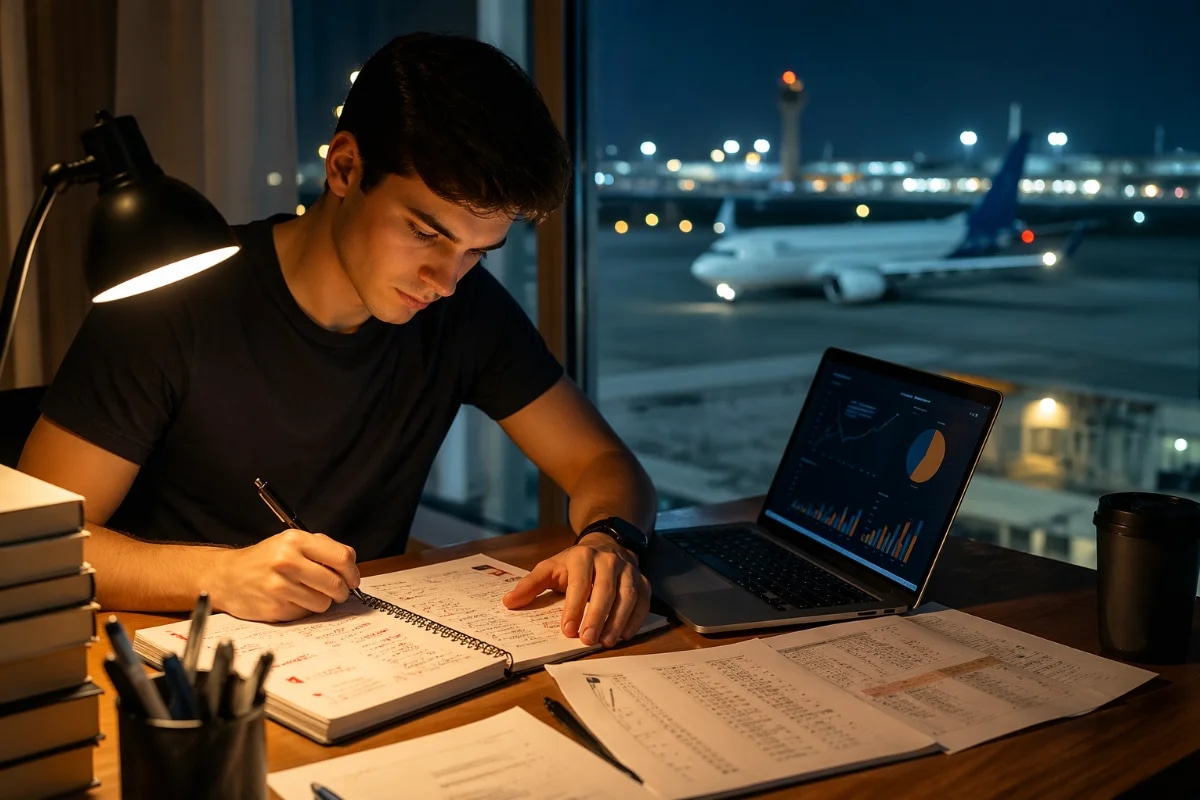 Ilustração realista em estilo editorial: estudante de aviação em mesa de estudos com caderno de erros, laptop com gráficos de desempenho e folhas de simulado, ao fundo um aeroporto visto pela janela com um avião taxiando; ambiente de estudo noturno, luz quente de abajur contrastando com luz fria externa, composição horizontal 600x400, enquadramento médio, foco no estudante revisando e marcando erros, profundidade de campo suave, sem texto, sem logotipos, sem marcas d’água