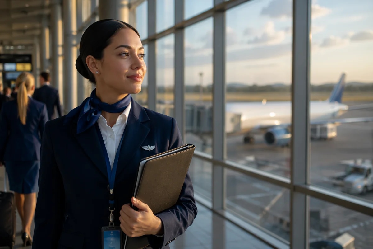 Cena realista e inspiradora em aeroporto: jovem comissário(a) de bordo iniciante em primeiro plano segurando uma pasta com documentos e crachá genérico, ao fundo um portão de embarque com aeronave desfocada e pessoas em movimento, ambiente de terminal moderno com luz natural entrando por grandes janelas, composição com profundidade de campo, estilo fotográfico documental/cinematográfico, cores neutras e azuis, iluminação suave de fim de tarde, enquadramento horizontal 600x400, sem texto, sem logotipos, sem marcas d’água