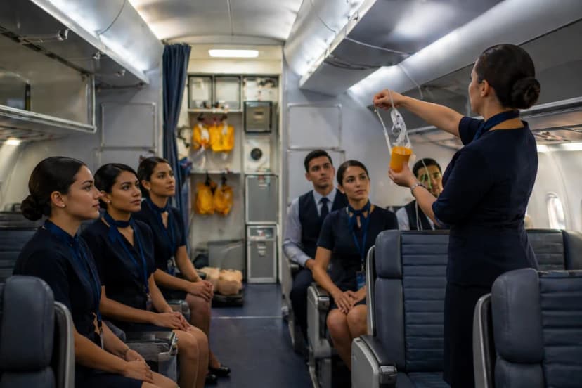 Cena realista de treinamento inicial de comissários em um mockup de cabine de avião dentro de um centro de treinamento: instrutor demonstrando procedimentos de segurança enquanto um grupo de comissários em uniforme neutro pratica comandos e checagens; ao fundo, equipamentos de emergência e sinalização interna da cabine (sem texto legível). Ambiente moderno, limpo e corporativo. Composição horizontal 600x400, enquadramento em plano médio amplo mostrando corredor e fileiras de assentos, foco nítido nos participantes, profundidade de campo suave. Estilo fotográfico documental/cinematográfico, iluminação suave de estúdio com tons frios, sem logotipos, sem marcas d’água, sem texto.