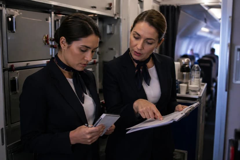 Cena realista dentro de uma cabine de avião comercial durante o briefing pré-voo: um comissário iniciante em uniforme neutro segura um checklist e um bloco de anotações, com expressão concentrada; ao lado, uma comissária mais experiente aponta calmamente para itens do checklist. Ambiente: galley e corredor da aeronave, carrinho de serviço ao fundo, luz suave e fria de cabine, atmosfera profissional. Composição: foco no primeiro plano com profundidade de campo, detalhes de mãos, prancheta e equipamentos de cabine; sem texto, sem logotipos, sem marcas d’água. Estilo visual: fotografia editorial moderna, cores naturais, alto nível de realismo. Enquadramento horizontal 600x400.