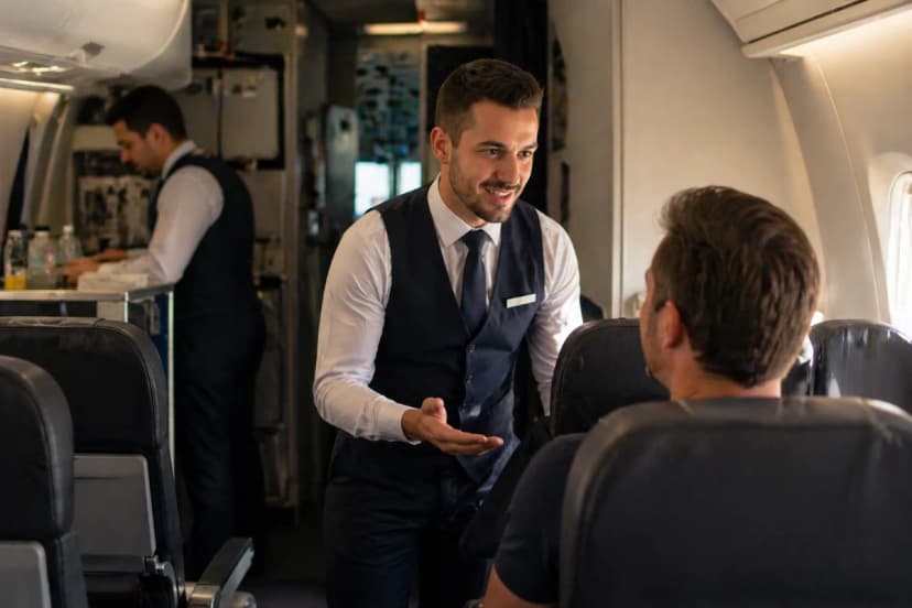 Cena realista dentro de uma cabine de avião comercial moderna: um comissário de bordo em uniforme neutro conversa com um passageiro sentado, postura confiante e expressão calma; ao fundo, outro tripulante coordena discretamente no galley e a porta do cockpit aparece desfocada. Composição horizontal 3:2, enquadramento na altura dos olhos, profundidade de campo suave, iluminação natural e quente vinda das janelas, estilo fotográfico editorial, alta nitidez, sem texto, sem logotipos, sem marcas d’água.