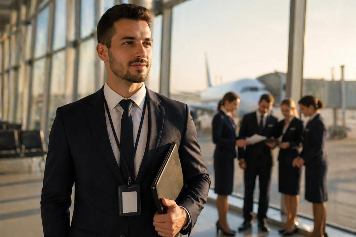Cena realista em aeroporto moderno: um comissário de bordo recém-formado em uniforme neutro (sem marcas) em primeiro plano, postura profissional, segurando uma pasta e crachá genérico; ao fundo, portão de embarque com aeronave desfocada e tripulação em briefing discreto. Composição horizontal 600x400, enquadramento meio-corpo, profundidade de campo suave, estilo fotográfico editorial, cores naturais, iluminação suave de manhã entrando por janelas amplas, atmosfera de preparação e seleção, sem texto, sem logotipos, sem marcas d’água.
