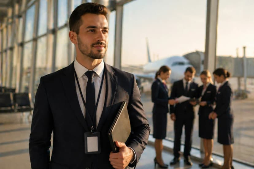 Cena realista em aeroporto moderno: um comissário de bordo recém-formado em uniforme neutro (sem marcas) em primeiro plano, postura profissional, segurando uma pasta e crachá genérico; ao fundo, portão de embarque com aeronave desfocada e tripulação em briefing discreto. Composição horizontal 600x400, enquadramento meio-corpo, profundidade de campo suave, estilo fotográfico editorial, cores naturais, iluminação suave de manhã entrando por janelas amplas, atmosfera de preparação e seleção, sem texto, sem logotipos, sem marcas d’água.