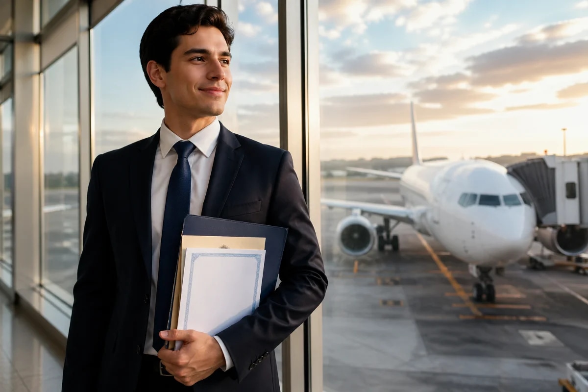 Cena realista em aeroporto: jovem candidato(a) a comissário(a) de bordo em traje social segurando uma pasta com certificados, ao lado de uma janela com aeronave comercial ao fundo; ambiente moderno de terminal, luz natural suave de fim de tarde, composição limpa e profissional, foco no candidato em primeiro plano com profundidade de campo, tons neutros e azul, estilo fotografia editorial corporativa, enquadramento horizontal 600x400, sem texto, sem logotipos, sem marcas d’água