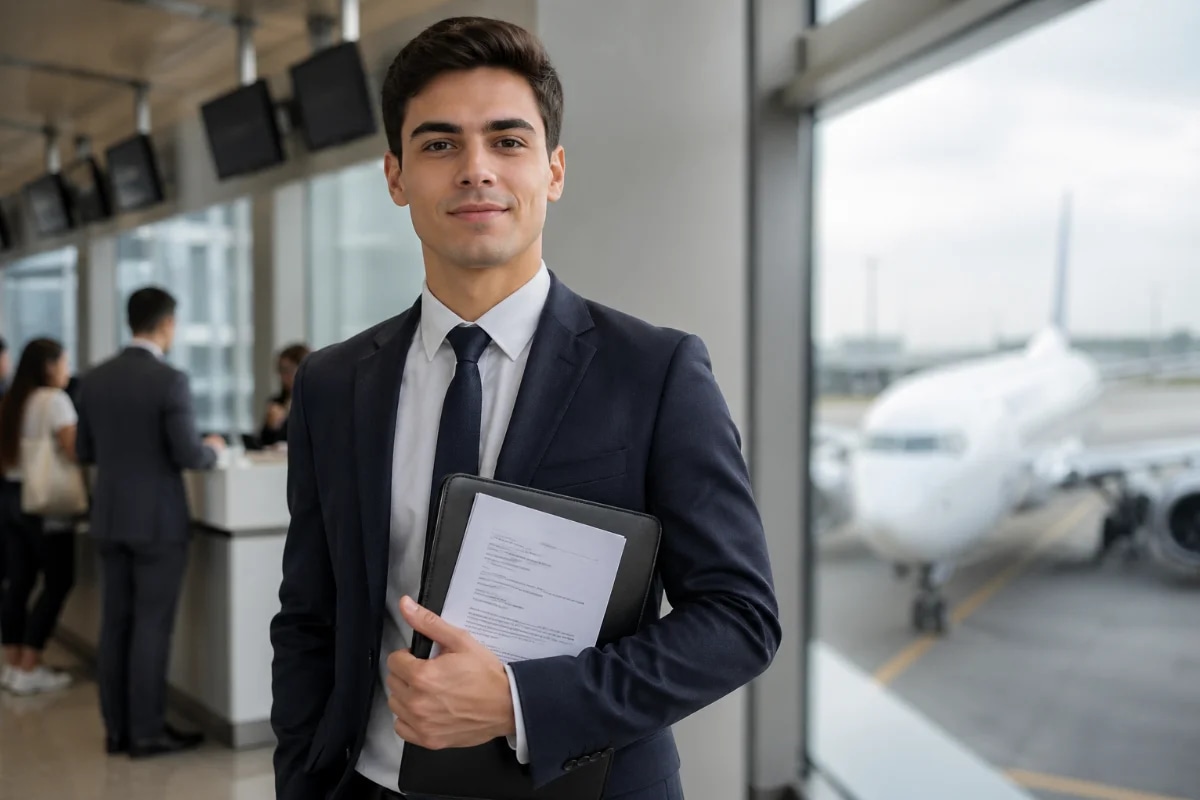 Cena em aeroporto moderno com um candidato a comissário de bordo iniciante em primeiro plano, vestindo traje social neutro, segurando currículo e pasta, postura confiante; ao fundo, balcão de check-in e janela com aeronave desfocada; composição clean e profissional, foco no rosto e linguagem corporal, profundidade de campo suave, luz natural difusa de manhã, estilo fotográfico realista, cores sóbrias, enquadramento horizontal 3:2, sem texto, sem logotipos, sem marcas d’água