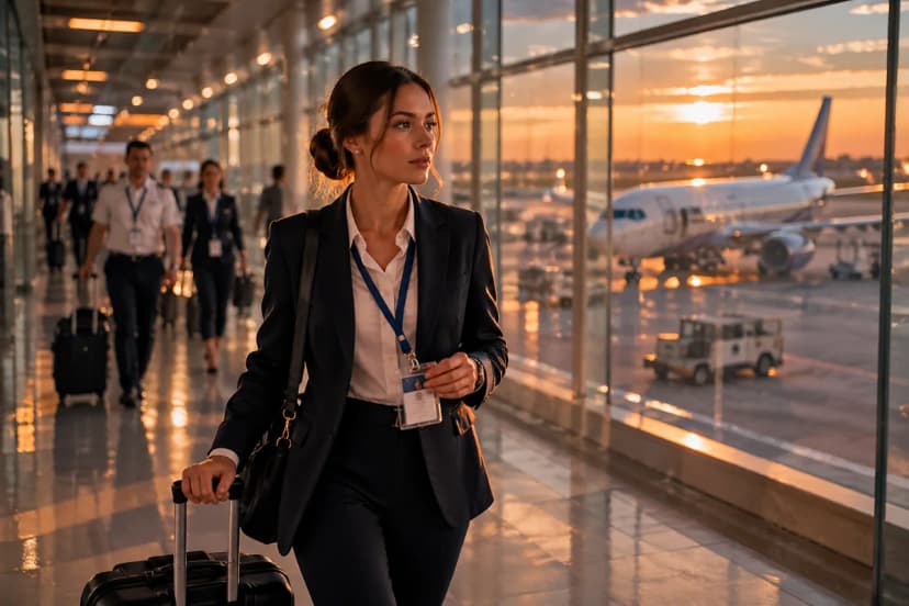 Cena realista e cinematográfica de um comissário de bordo iniciante em um corredor de aeroporto ao amanhecer, puxando mala de rodinhas e segurando um crachá, expressão de cansaço e foco; ao fundo, janelas amplas com um avião no pátio e luz dourada suave; composição com linhas de perspectiva do terminal, profundidade de campo rasa, estilo fotografia editorial, cores neutras, iluminação natural, enquadramento horizontal 3:2, sem texto, sem logotipos, sem marcas d’água
