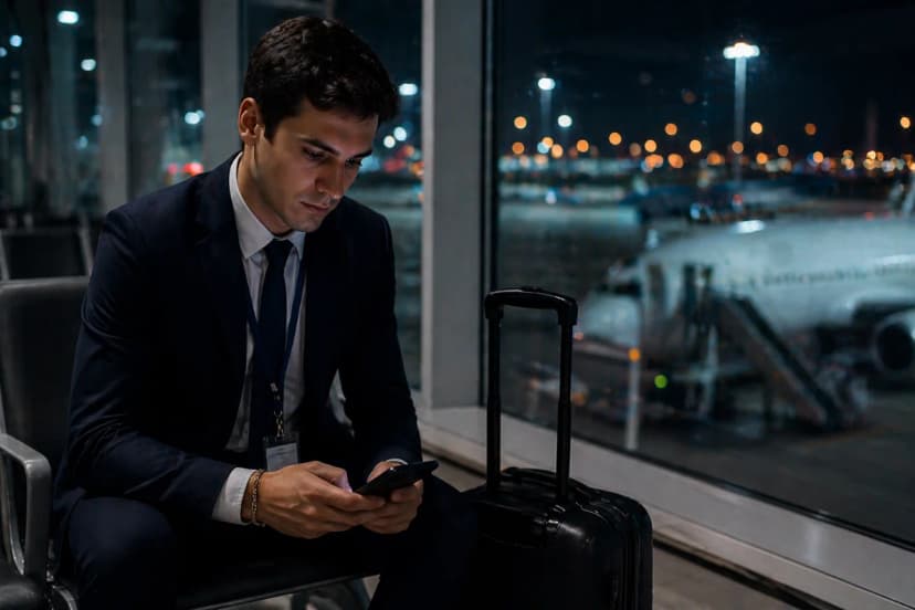 Cena realista de um comissário de bordo iniciante em um aeroporto durante a madrugada, sentado em uma área de embarque com mala de bordo e crachá, olhando um celular com escala de voos, ao fundo janelas com aeronave no pátio e luzes da pista, ambiente silencioso e levemente cansativo porém focado, composição cinematográfica com profundidade de campo, estilo fotográfico editorial, iluminação fria de aeroporto com contraste suave, enquadramento horizontal 3:2, sem texto, sem logotipos, sem marcas d'água