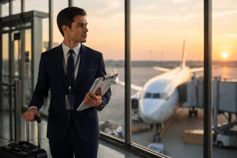 Cena realista de um comissário de bordo em aeroporto ao amanhecer, segurando uma prancheta com escala e mala de rodinhas, ao lado de um portão de embarque com aeronave ao fundo; ambiente de terminal moderno com janelas amplas, luz dourada suave, sensação de rotina e cansaço controlado; composição com profundidade de campo, foco no comissário em primeiro plano e avião desfocado ao fundo; estilo fotográfico documental, cores naturais, iluminação cinematográfica suave; enquadramento horizontal 3:2, sem texto, sem logotipos, sem marcas d’água