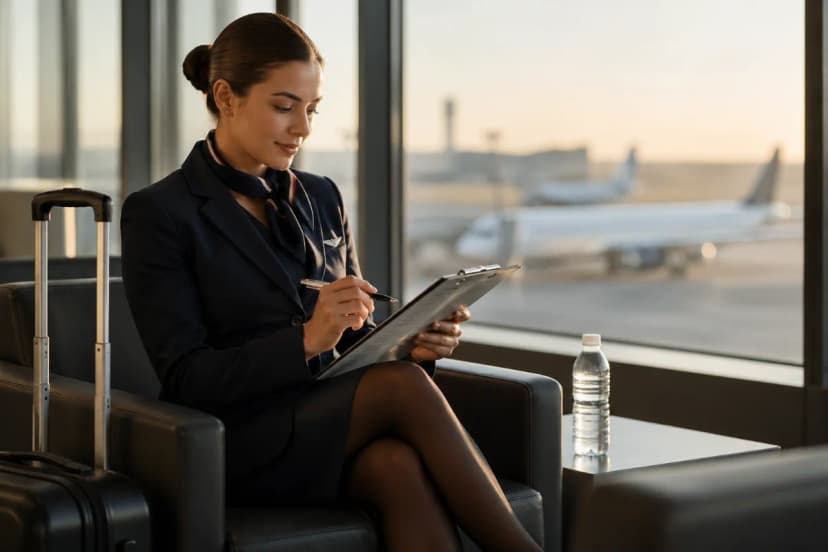 Cena realista de um comissário de bordo em sala de descanso de tripulação no aeroporto ao amanhecer, sentado com postura confiante revisando um checklist e uma garrafa de água ao lado, mala de bordo e uniforme discretos, ao fundo janelas com pista e avião desfocado, ambiente limpo e moderno, composição horizontal 3:2 com profundidade de campo suave, estilo fotográfico editorial, luz natural suave de manhã, cores neutras, sem texto, sem logotipos, sem marcas d’água