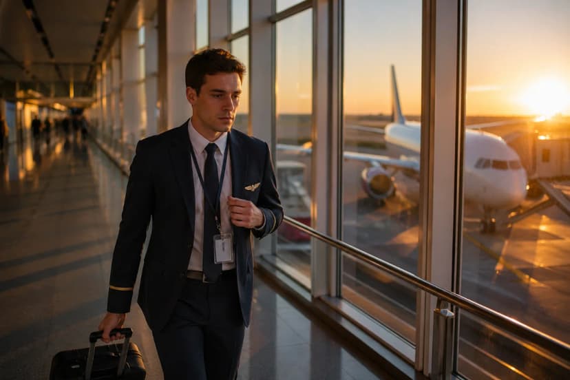 Cena realista em aeroporto brasileiro: um comissário de bordo em uniforme olhando um painel de partidas e um mapa com três cidades destacadas, segurando uma mala de mão e um crachá, ao fundo portões de embarque e aeronaves no pátio, ambiente moderno e movimentado, composição com o personagem em primeiro plano à esquerda e o terminal desfocado ao fundo, estilo fotografia editorial, cores naturais, iluminação suave de fim de tarde entrando por grandes janelas, profundidade de campo, enquadramento horizontal 3:2, sem texto, sem logotipos, sem marcas d’água