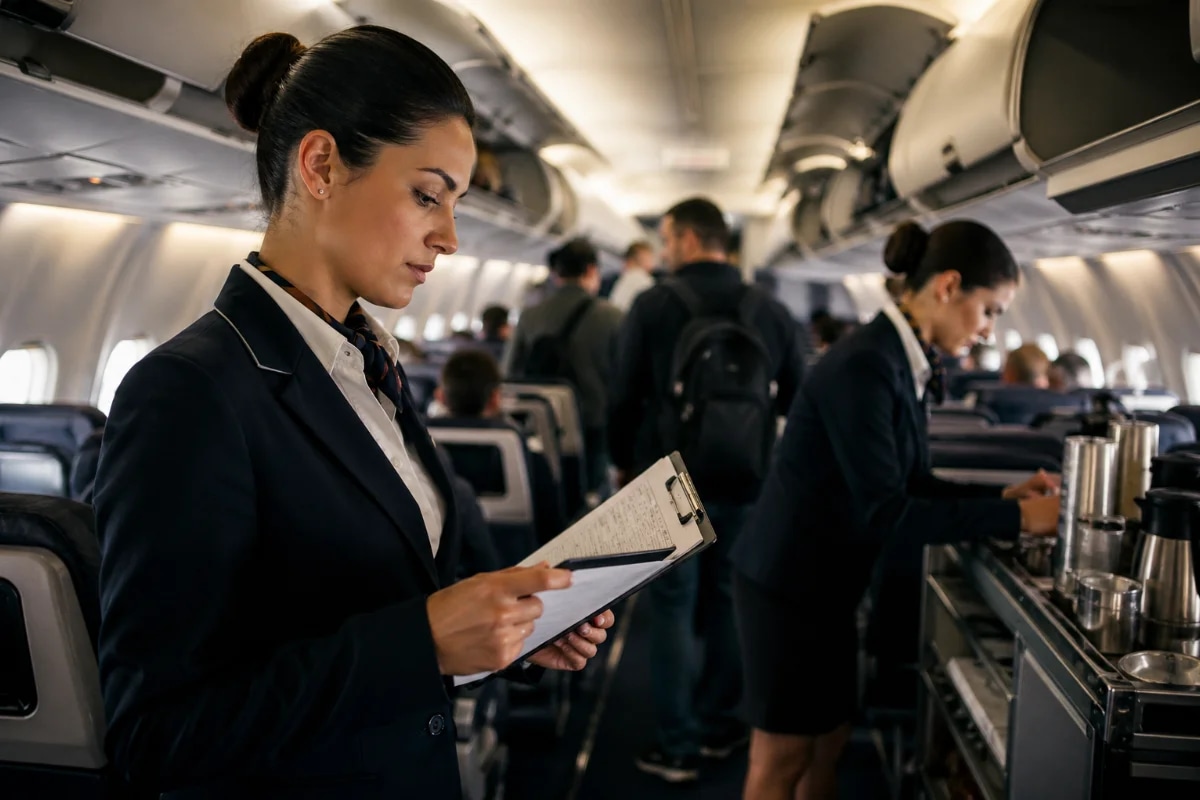 Cena realista dentro de uma cabine de avião comercial durante preparação de voo: comissário(a) de bordo em primeiro plano conferindo documentos e checklist em prancheta, outro(a) comissário(a) ao fundo organizando galley com carrinho de serviço; passageiros embarcando desfocados ao fundo; ambiente moderno, iluminação suave e quente de cabine, detalhes de assentos e compartimentos superiores; composição cinematográfica, foco seletivo, profundidade de campo, estilo fotográfico editorial, alta nitidez, cores naturais; enquadramento horizontal 600x400, sem texto, sem logotipos, sem marcas d’água