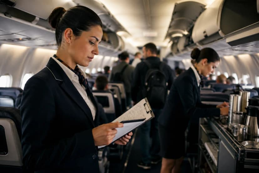 Cena realista dentro de uma cabine de avião comercial durante preparação de voo: comissário(a) de bordo em primeiro plano conferindo documentos e checklist em prancheta, outro(a) comissário(a) ao fundo organizando galley com carrinho de serviço; passageiros embarcando desfocados ao fundo; ambiente moderno, iluminação suave e quente de cabine, detalhes de assentos e compartimentos superiores; composição cinematográfica, foco seletivo, profundidade de campo, estilo fotográfico editorial, alta nitidez, cores naturais; enquadramento horizontal 600x400, sem texto, sem logotipos, sem marcas d’água