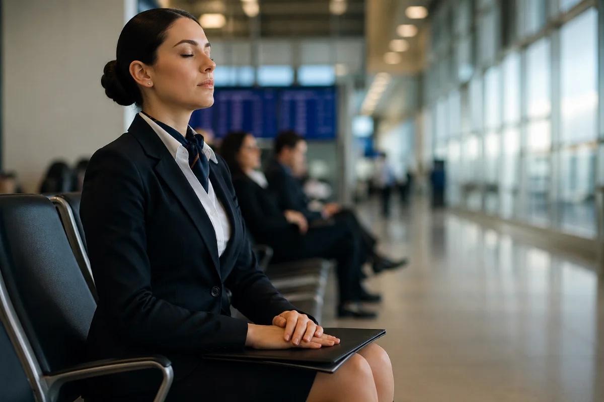 Cena realista em aeroporto moderno: candidato(a) a comissário(a) de bordo em traje social sentado(a) em sala de espera de recrutamento, mãos apoiadas no colo segurando uma pasta, expressão concentrada e controlando a respiração; ao fundo desfocado, painel de embarque e corredor com luz natural; composição com sujeito em primeiro plano à esquerda e espaço negativo à direita; estilo fotográfico cinematográfico, cores neutras, profundidade de campo rasa, iluminação suave de manhã, enquadramento horizontal 600x400, sem texto, sem logotipos, sem marcas d’água