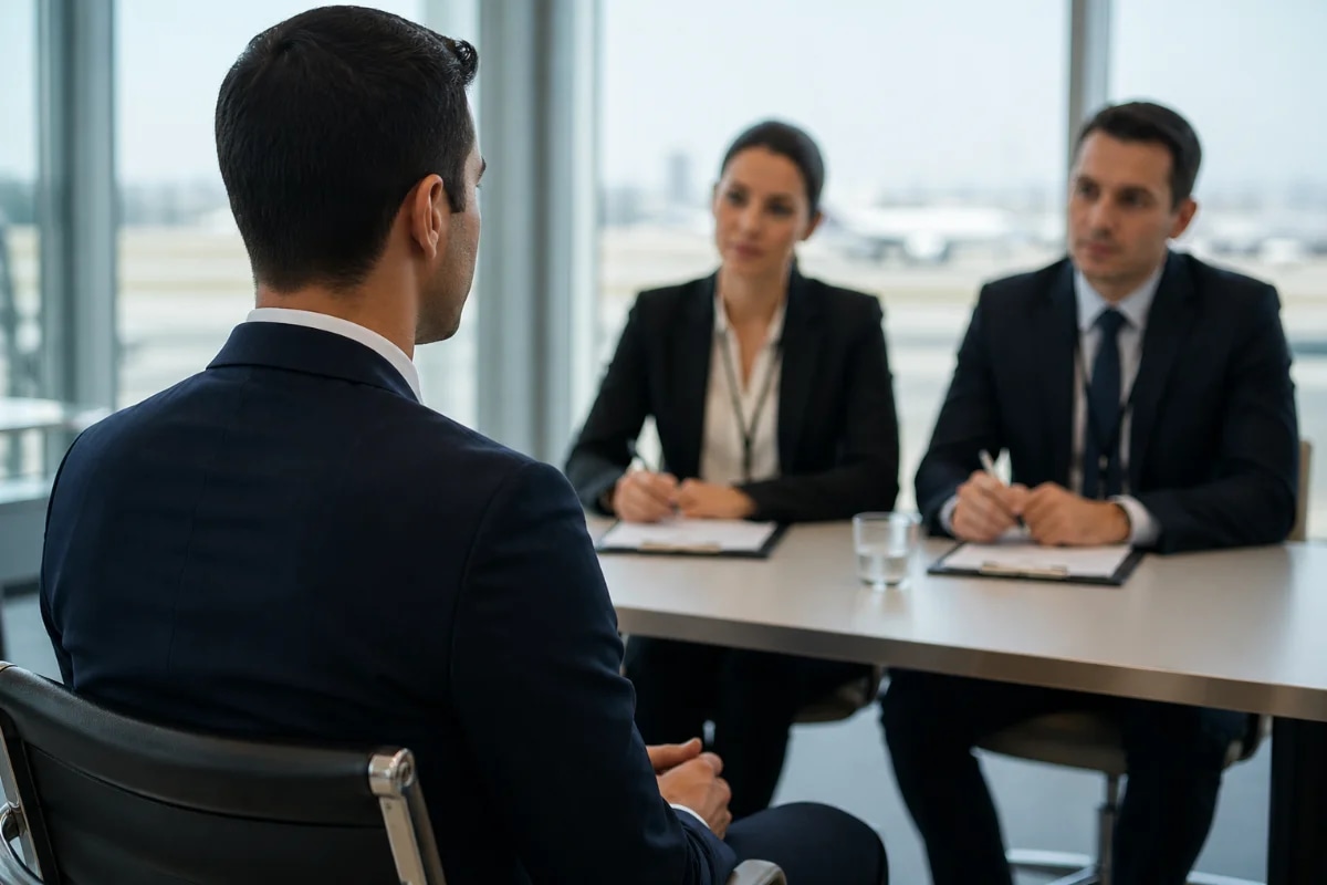 Cena realista em aeroporto moderno: candidato experiente de comissário de bordo em traje social sentado em sala de entrevista com dois recrutadores ao fundo, linguagem corporal tensa porém controlada, mesa com pranchetas e crachás genéricos, ambiente corporativo clean com janelas e pista desfocada ao longe, composição horizontal 600x400, foco no candidato em primeiro plano, profundidade de campo suave, estilo fotografia editorial, iluminação natural suave e neutra, sem texto, sem logotipos, sem marcas d’água