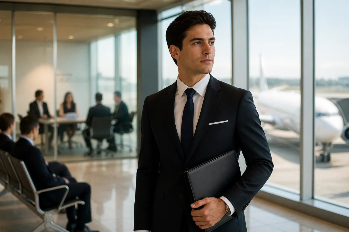 Cena realista em aeroporto moderno: um candidato a comissário de bordo em traje social bem alinhado em primeiro plano, postura confiante e serena, segurando uma pasta discreta; ao fundo, sala de entrevista com recrutadores desfocados e outros candidatos aguardando; ambiente clean com janelas grandes e aeronave ao longe na pista; composição com profundidade de campo, foco no candidato, cores neutras e profissionais, estilo fotografia editorial corporativa, iluminação suave natural, enquadramento horizontal 3:2, sem texto, sem logotipos, sem marcas d’água