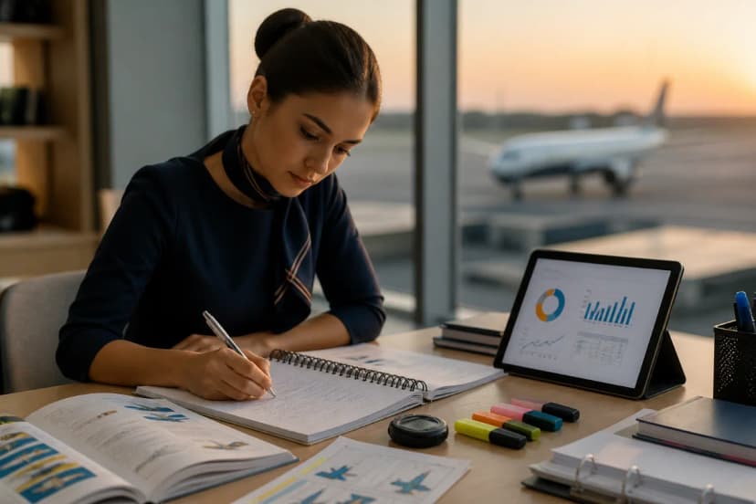 Cena em sala de estudos aeronáutica moderna: uma candidata a comissária de bordo estudando com apostilas e caderno de erros, ao lado um tablet com gráfico de desempenho e simulados, ao fundo uma janela com pista de aeroporto e um avião desfocado; mesa organizada com marca-texto e cronômetro; composição clean e profissional, estilo fotografia realista, iluminação suave natural de fim de tarde, profundidade de campo rasa, enquadramento horizontal 600x400, sem texto, sem logotipos, sem marcas d’água