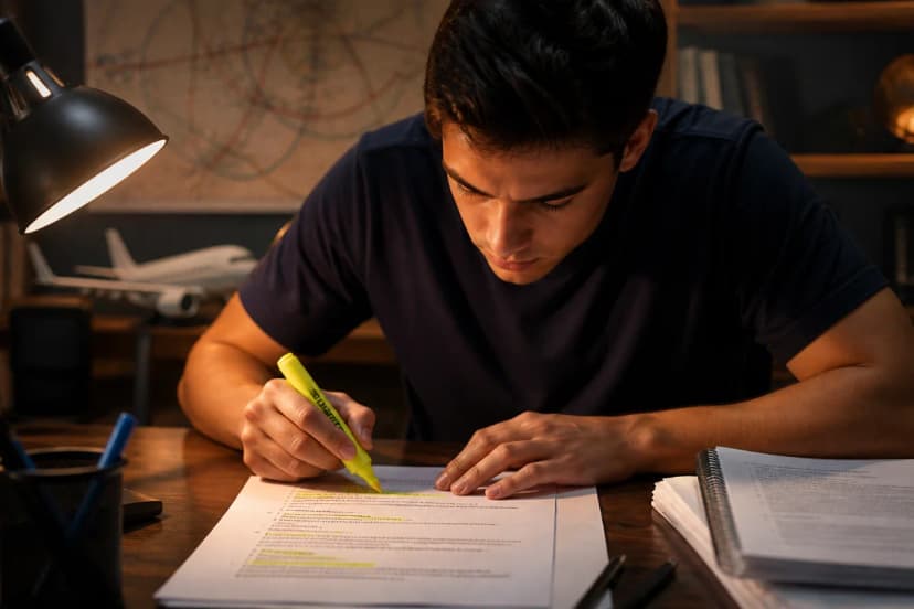 Ilustração realista de um estudante de aviação em mesa de estudos com prova impressa e marca-texto, destacando palavras como “exceto” e “apenas” em um enunciado, ambiente de estudo noturno com luz quente de luminária, ao fundo elementos sutis de aviação (mapa aeronáutico e miniatura de avião), composição limpa e focada nas mãos e no papel, profundidade de campo suave, estilo fotográfico cinematográfico, alta nitidez, iluminação contrastada, enquadramento horizontal 600x400, sem texto, sem logotipos, sem marcas d’água