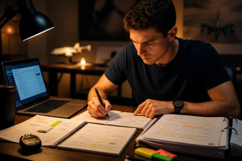 Candidato a piloto estudando para a prova da ANAC em uma mesa organizada com notebook aberto em simulados, folhas com anotações e caderno de erros, cronômetro ao lado, ambiente de estudo noturno com luz quente de abajur, expressão concentrada, fundo desfocado com elementos de aviação discretos (miniatura de avião), composição realista e cinematográfica, alta nitidez, profundidade de campo, iluminação suave e contrastada, enquadramento horizontal 600x400, sem texto, sem logotipos, sem marcas d’água