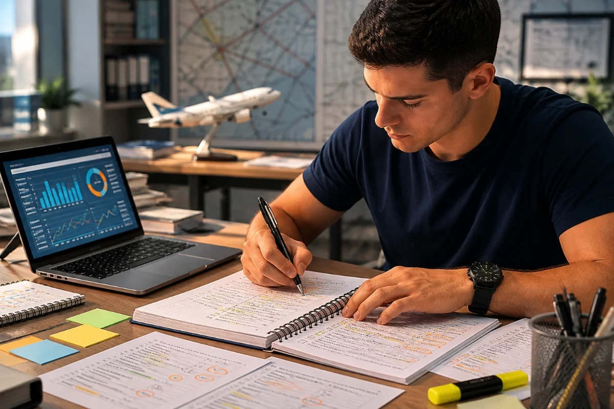 Cena realista de um estudante de aviação em mesa de estudos com caderno de erros aberto, folhas com questões marcadas e um notebook com gráficos de desempenho (sem texto legível), ambiente de escritório moderno e organizado, elementos sutis de aviação ao fundo (maquete de avião e mapa aeronáutico desfocado), expressão concentrada, composição horizontal 600x400 com foco no caderno e nas mãos anotando, profundidade de campo suave, estilo fotográfico editorial, iluminação natural lateral suave, cores neutras e profissionais, sem texto, sem logotipos, sem marcas d’água