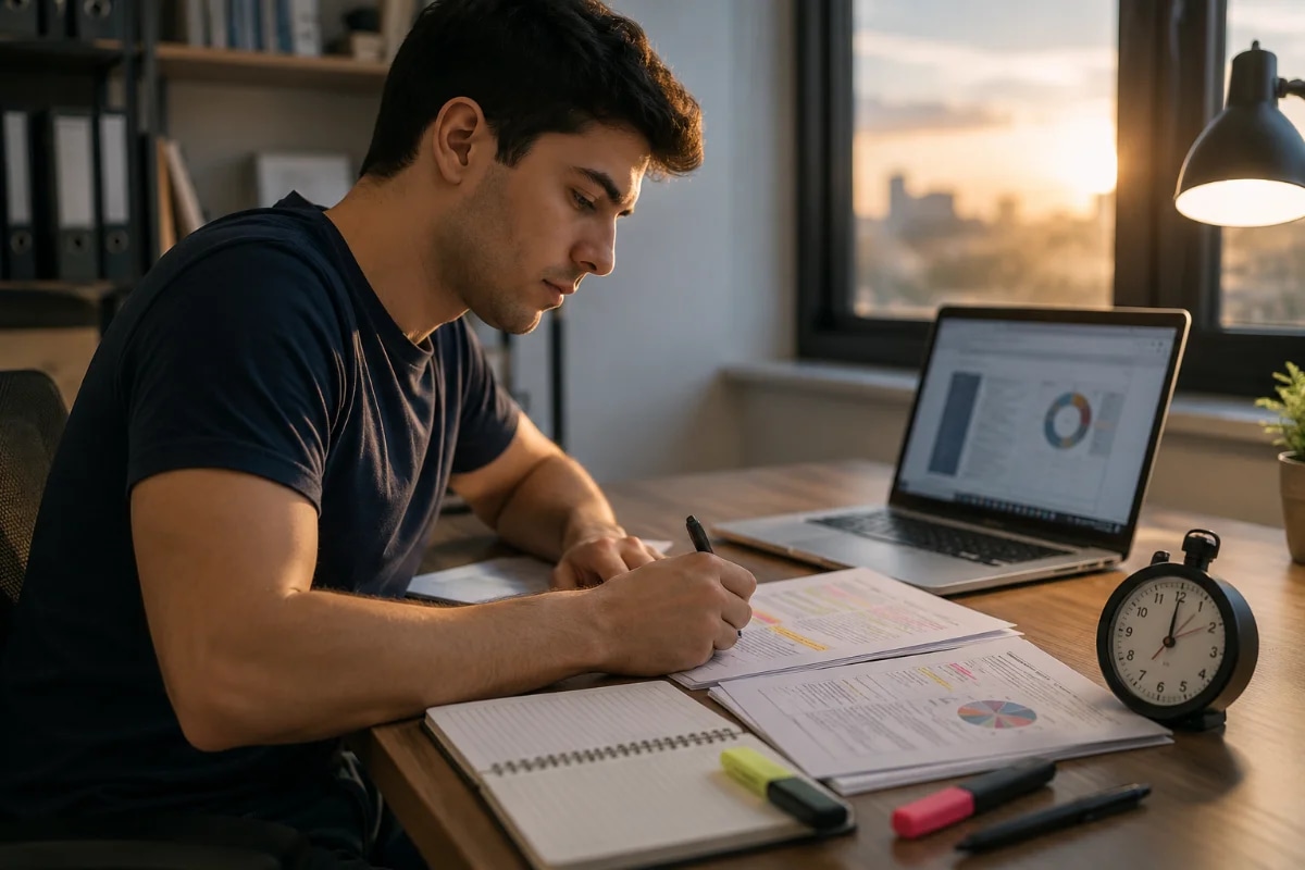 Cena realista de um estudante de aviação em uma mesa de estudos organizada, com notebook aberto exibindo um simulado (sem texto legível), cronômetro analógico ao lado, folhas com marcações e gráficos genéricos, caneta e marca-texto; ambiente de escritório moderno com iluminação suave de fim de tarde entrando pela janela; composição horizontal 600x400, enquadramento em meia altura com foco nas mãos e no rosto concentrado, profundidade de campo rasa, estilo fotográfico editorial, cores neutras, sem texto, sem logotipos, sem marcas d’água