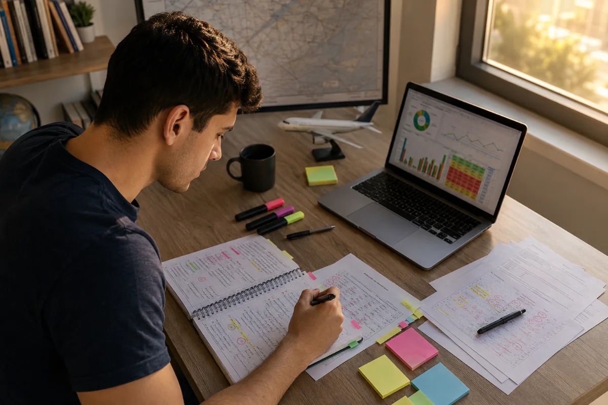 Estudante de aviação em uma mesa de estudos organizada logo após um simulado, com caderno aberto mostrando anotações e marcações de erros, laptop com planilha de diagnóstico (sem texto legível), canetas e post-its, ambiente de home office minimalista, elementos sutis de aviação ao fundo (maquete de avião e mapa aeronáutico desfocado), composição horizontal 600x400, enquadramento em perspectiva levemente superior (top 3/4), foco no processo de correção e planejamento, estilo fotográfico realista, iluminação suave de fim de tarde entrando pela janela, profundidade de campo moderada, sem texto, sem logotipos, sem marcas d'água