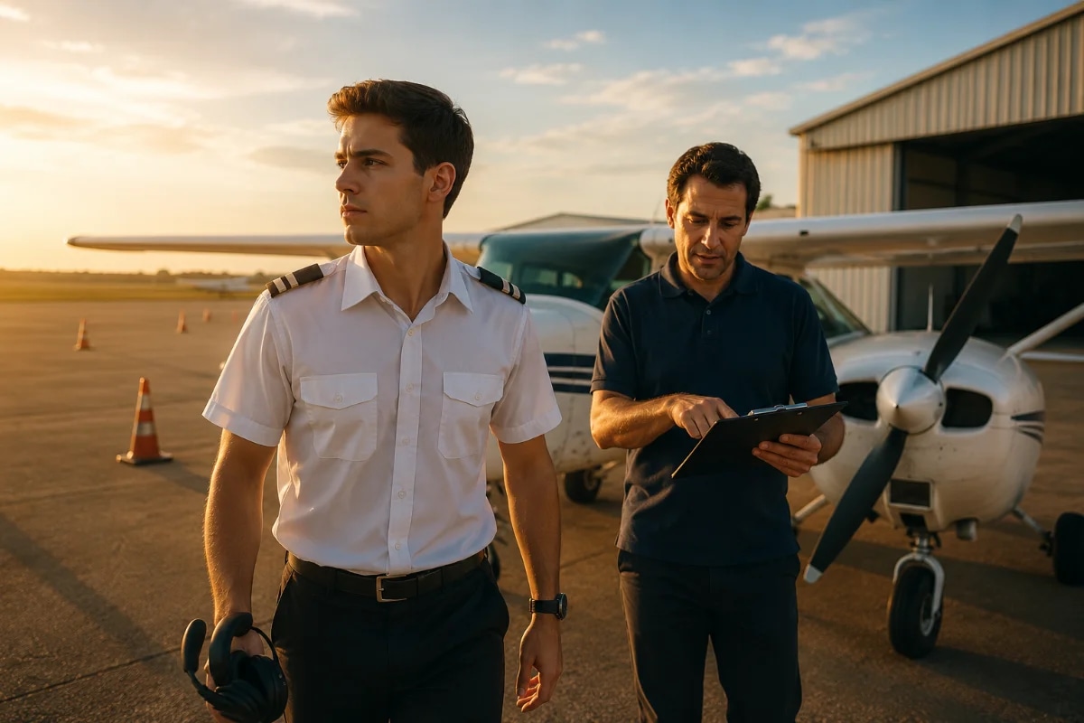 Cena realista em um aeroclube brasileiro ao amanhecer: um jovem piloto com uniforme simples e headset na mão caminha da sala de briefing para um monomotor de treinamento estacionado no pátio, com um instrutor ao lado apontando um checklist em prancheta; ao fundo, hangar, cones e pista desfocada; composição cinematográfica, foco no piloto em primeiro plano, profundidade de campo suave, luz dourada lateral, estilo fotografia editorial, cores naturais, enquadramento horizontal 600x400, sem texto, sem logotipos, sem marcas d’água