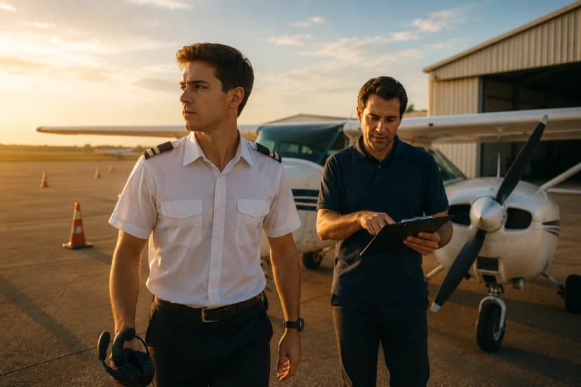 Cena realista em um aeroclube brasileiro ao amanhecer: um jovem piloto com uniforme simples e headset na mão caminha da sala de briefing para um monomotor de treinamento estacionado no pátio, com um instrutor ao lado apontando um checklist em prancheta; ao fundo, hangar, cones e pista desfocada; composição cinematográfica, foco no piloto em primeiro plano, profundidade de campo suave, luz dourada lateral, estilo fotografia editorial, cores naturais, enquadramento horizontal 600x400, sem texto, sem logotipos, sem marcas d’água