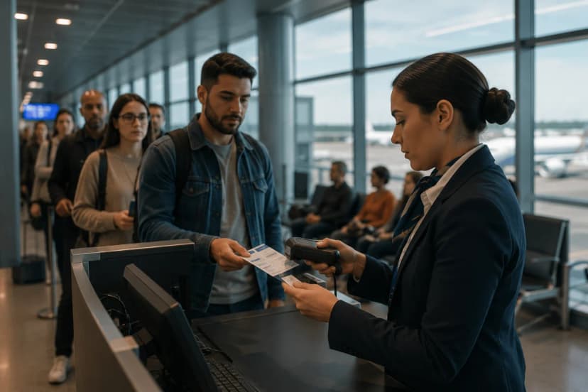 Cena realista de um portão de embarque em aeroporto moderno: um agente de aeroporto em primeiro plano conferindo documentos e cartão de embarque com um scanner, fila organizada com passageiros diversos ao fundo, sinalização de portão e área de espera visíveis, clima de operação sob pressão porém controlada, composição documental e cinematográfica, profundidade de campo suave, iluminação natural misturada com luzes frias do terminal, cores neutras, estilo fotográfico editorial, enquadramento horizontal 600x400, sem texto, sem logotipos, sem marcas d'água