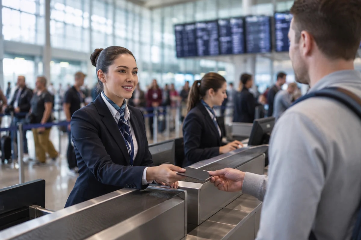 Cena realista em um terminal de aeroporto moderno: um(a) agente de aeroporto iniciante uniformizado(a) atendendo um passageiro no balcão de check-in com postura confiante, fila organizada ao fundo, painéis de voos desfocados, colegas trabalhando ao lado; composição horizontal 600x400, foco no agente em primeiro plano, profundidade de campo suave, estilo fotográfico editorial, cores neutras, iluminação natural difusa de grandes janelas, ambiente limpo e profissional, sem texto, sem logotipos, sem marcas d’água