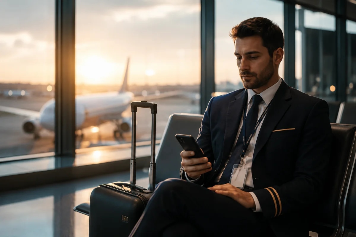 Cena realista em aeroporto ao amanhecer: um comissário de bordo em uniforme neutro (sem logotipos) sentado em área de embarque com mala de rodinhas e crachá genérico, olhando um celular com tela desfocada (sem texto), ao fundo janelas amplas com aeronave desfocada no pátio e luz dourada entrando, composição cinematográfica, estilo fotografia editorial, profundidade de campo rasa, tons frios e quentes equilibrados, iluminação natural suave, enquadramento horizontal 600x400, sem texto, sem marcas, sem marcas d’água
