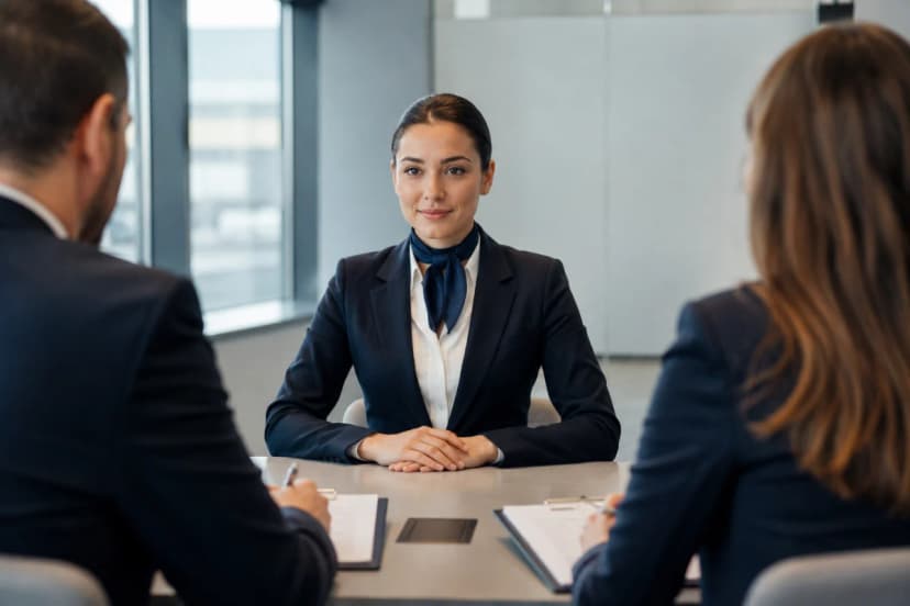 Cena realista de entrevista de emprego para comissário de bordo em sala moderna e minimalista, candidato(a) com uniforme social discreto sentado(a) ereto(a) diante de dois recrutadores com pranchetas, expressão calma e confiante, mãos apoiadas, ambiente corporativo com janela e luz natural suave, composição equilibrada com foco no candidato em primeiro plano e recrutadores levemente desfocados, estilo fotográfico editorial, cores neutras, iluminação softbox + luz do dia, profundidade de campo moderada, enquadramento horizontal 600x400, sem texto, sem logotipos, sem marcas d’água