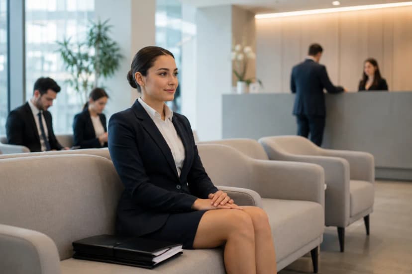 Fotografia realista em estilo editorial: candidato(a) bem vestido(a) para entrevista de companhia aérea sentado(a) na sala de espera corporativa, postura ereta, mãos apoiadas no colo, celular guardado, pasta com documentos ao lado; ao fundo, recepção com atendente e outros candidatos discretos; ambiente moderno e clean, tons neutros, luz natural suave entrando por janelas, profundidade de campo com leve desfoque no fundo, composição horizontal 600x400, enquadramento na altura dos olhos, sem texto, sem logotipos, sem marcas d’água