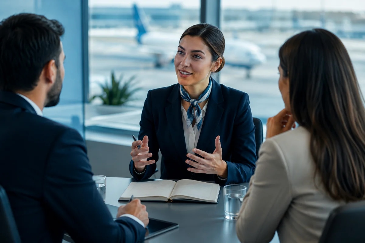 Cena em um ambiente corporativo moderno e minimalista com referência sutil à aviação (janela ao fundo com pista e aeronave desfocada). Em primeiro plano, um candidato(a) em postura confiante e profissional conversa com dois recrutadores em uma mesa, com caderno aberto e gestos claros. Composição equilibrada, foco no contato visual e linguagem corporal, profundidade de campo suave, tons neutros com detalhes em azul, estilo fotográfico realista, iluminação natural suave lateral, enquadramento horizontal 600x400, sem texto, sem logotipos, sem marcas d’água.