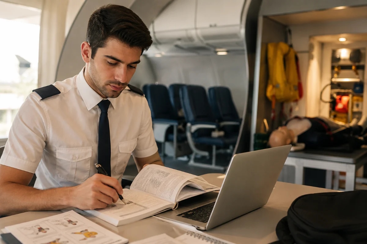 Fotografia realista em estilo editorial: jovem adulto em uniforme neutro de comissário de bordo estudando com apostilas e notebook em uma sala de treinamento de aviação, ao fundo uma maquete de cabine de avião e equipamentos de segurança discretos; ambiente moderno e organizado, sensação de preparação e carreira; composição horizontal 600x400, sujeito em primeiro plano à esquerda, profundidade de campo suave, iluminação natural lateral com tons quentes, sem texto, sem logotipos, sem marcas d’água