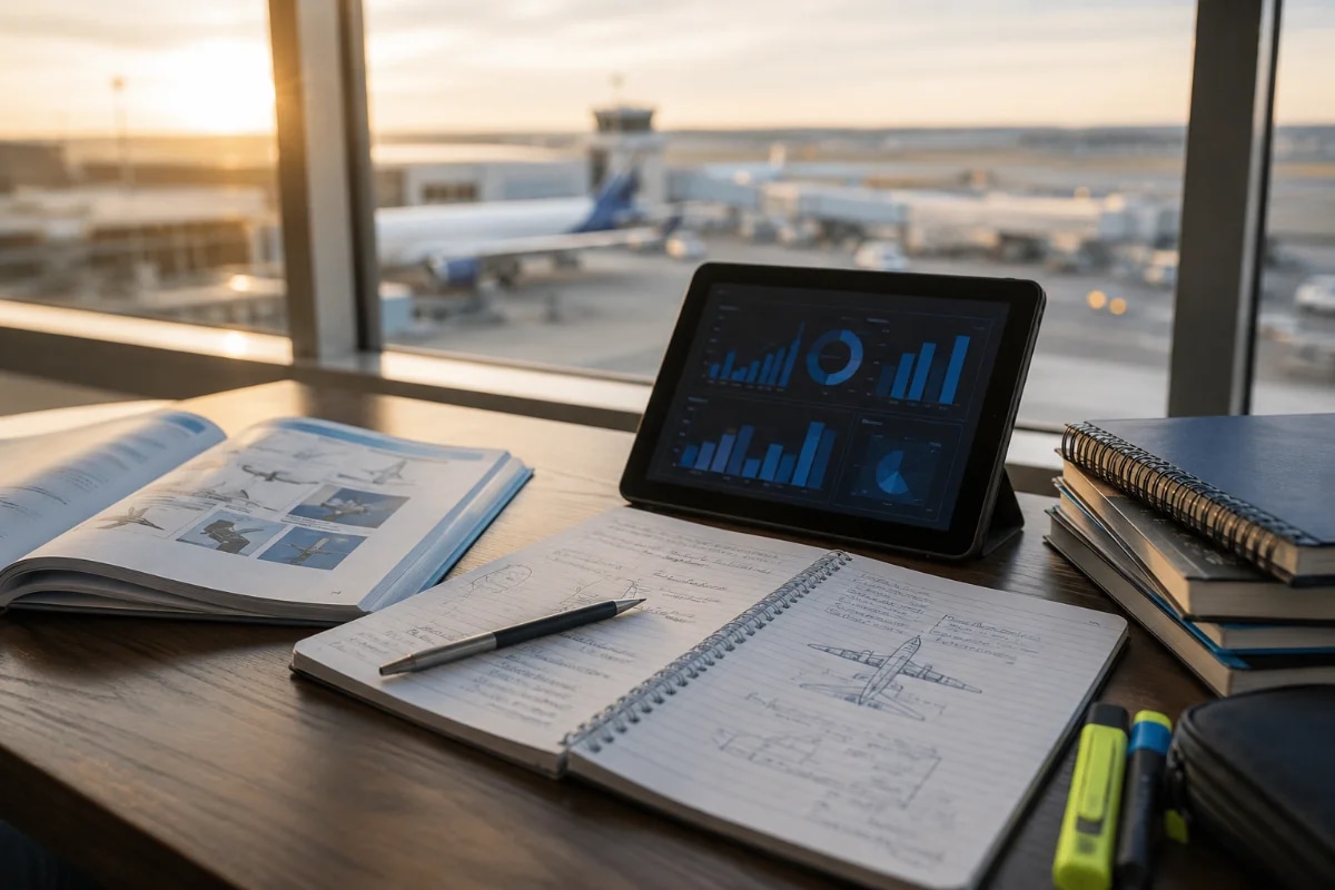 Cena realista em ambiente de estudo aeronáutico: mesa organizada com apostilas técnicas, caderno com anotações, caneta e um tablet exibindo gráficos de desempenho de simulados (sem texto legível). Ao fundo, uma janela com vista desfocada de um aeroporto e uma aeronave no pátio. Composição horizontal 600x400, foco no primeiro plano (materiais de estudo), profundidade de campo suave, iluminação natural de fim de tarde, estilo fotográfico editorial moderno, cores neutras e azuis, sem texto, sem logotipos, sem marcas d’água.