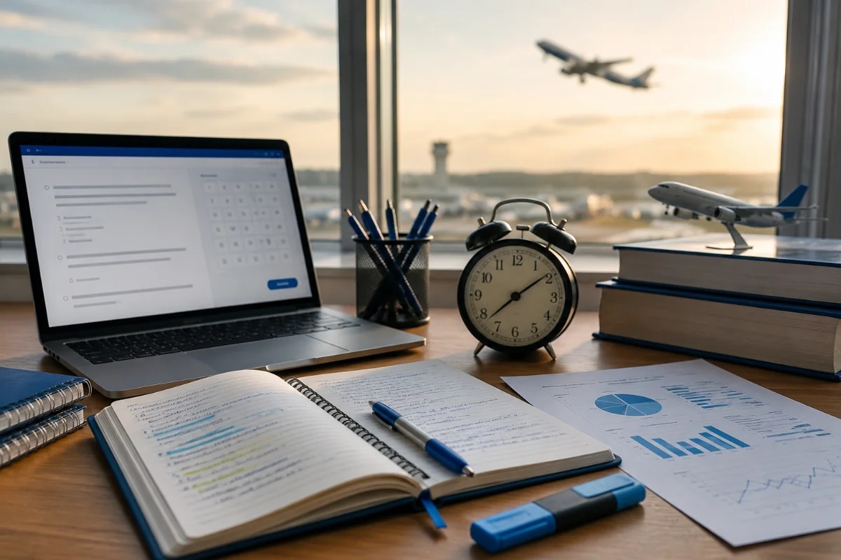 Capa horizontal 600x400, cena realista em ambiente de estudo de aviação: mesa organizada com caderno aberto, planilha de desempenho com gráficos simples (sem texto legível), laptop exibindo interface genérica de simulado, cronômetro analógico ao lado, caneta e marca-texto; ao fundo, janela com luz da manhã e silhueta suave de um avião ao longe no céu; composição em regra dos terços, foco nítido nos materiais de estudo, profundidade de campo moderada, estilo fotográfico editorial moderno, cores neutras com detalhes em azul, iluminação natural suave, sem pessoas, sem logotipos, sem marcas d’água, sem texto