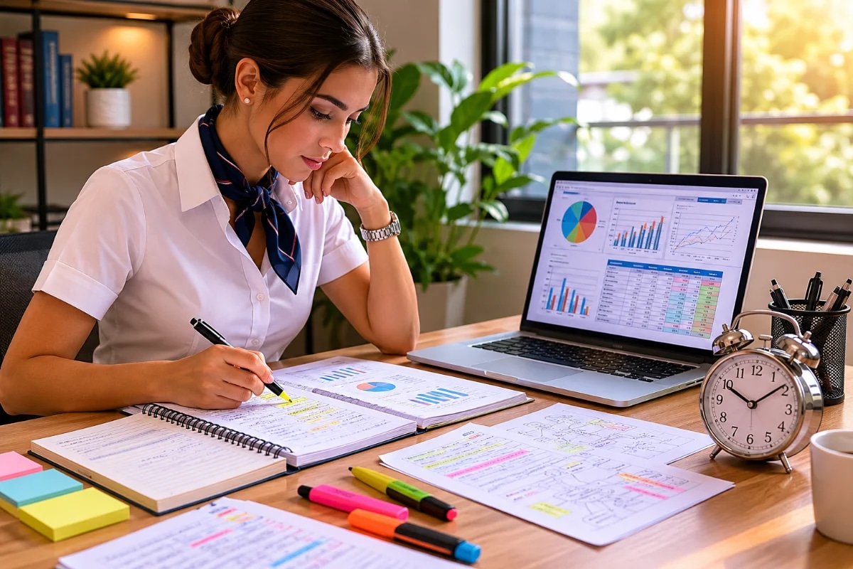 Candidato a comissário de voo analisando um simulado em uma mesa organizada com notebook aberto mostrando gráficos e tabela de desempenho, folhas com anotações e marca-texto, relógio de mesa indicando controle de tempo, ambiente de estudo moderno e silencioso, luz natural suave entrando pela janela, composição clean e profissional, foco no processo de análise e planejamento, estilo fotográfico realista, profundidade de campo leve, enquadramento horizontal 600x400, sem texto, sem logotipos, sem marcas d'água