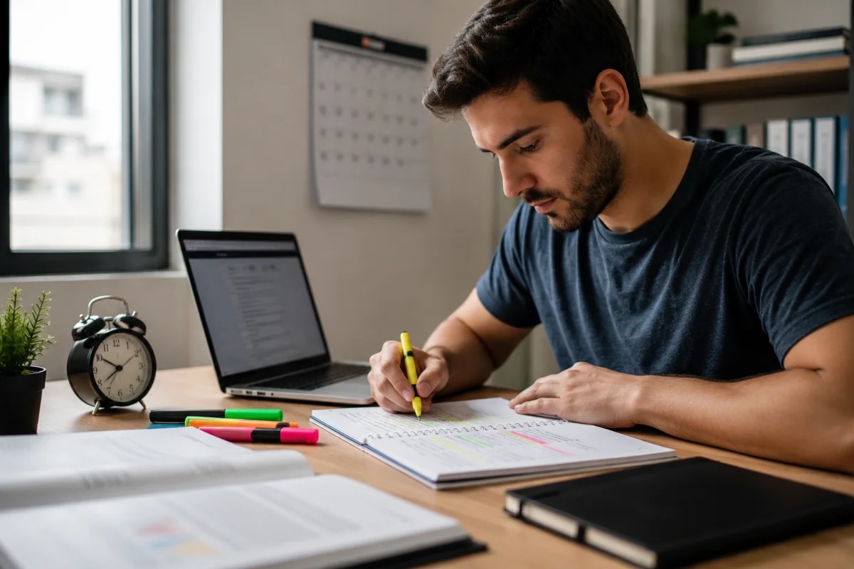 Candidato estudando para a prova teórica da ANAC em uma mesa organizada com notebook aberto em um simulado, caderno com anotações e marca-texto, relógio e calendário ao fundo; ambiente de estudo moderno e silencioso, luz natural suave entrando pela janela, composição horizontal 3:2 com foco no rosto concentrado e nas mãos revisando erros, estilo fotográfico realista, profundidade de campo rasa, cores neutras, sem texto, sem logotipos, sem marcas d’água