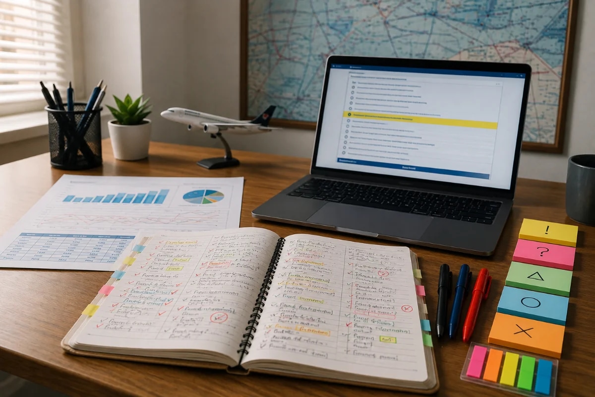 Cena em uma mesa de estudos organizada para prova da ANAC: caderno aberto com anotações e marcações de erros, planilha impressa com gráficos de desempenho, laptop exibindo um simulado com questões destacadas, canetas e post-its categorizando tipos de erro; ambiente de home office minimalista com elementos sutis de aviação (miniatura de avião e mapa de rotas ao fundo), composição clean e profissional, estilo fotográfico realista, iluminação suave lateral, foco nítido nos materiais de revisão, profundidade de campo moderada, enquadramento horizontal 600x400, sem texto, sem logotipos, sem marcas d’água