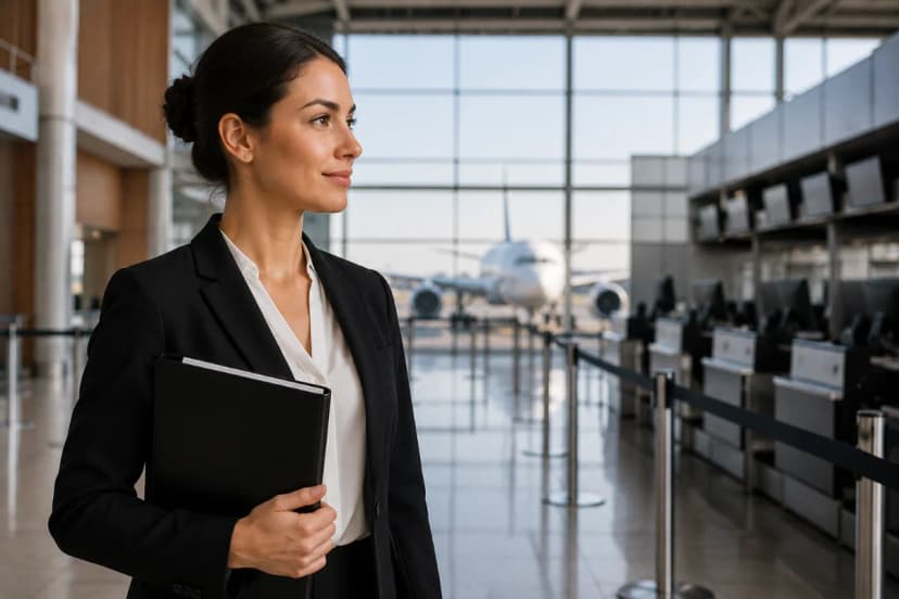 Cena realista em aeroporto moderno: candidato(a) em traje social aguardando entrevista com postura confiante, segurando pasta com documentos; ao fundo, balcão de check-in e janela com aeronave no pátio; ambiente corporativo limpo e regulado, cores neutras, profundidade de campo suave; composição com o candidato em primeiro plano à esquerda e área de aviação ao fundo à direita; estilo fotografia editorial, iluminação natural difusa, alto nível de detalhe, enquadramento horizontal 600x400, sem texto, sem logotipos, sem marcas d’água