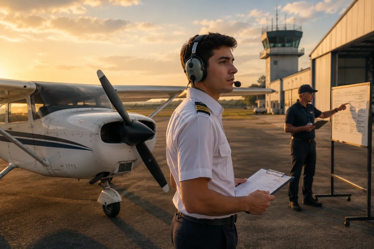 Cena realista em um aeroclube brasileiro ao amanhecer: aluno piloto com prancheta e headset ao lado de um monomotor de treinamento na pista, instrutor ao fundo apontando para um checklist e um quadro de planejamento; hangar e torre ao longe, céu com luz dourada, atmosfera de rotina e disciplina. Composição horizontal 600x400, enquadramento médio amplo, foco nítido no aluno e na aeronave, profundidade de campo suave, estilo fotografia editorial realista, iluminação natural suave, sem texto, sem logotipos, sem marcas d'água.