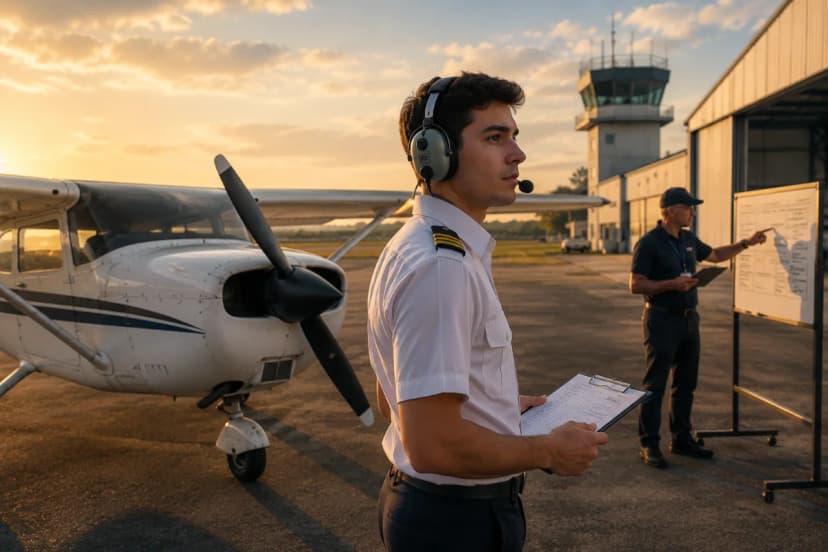 Cena realista em um aeroclube brasileiro ao amanhecer: aluno piloto com prancheta e headset ao lado de um monomotor de treinamento na pista, instrutor ao fundo apontando para um checklist e um quadro de planejamento; hangar e torre ao longe, céu com luz dourada, atmosfera de rotina e disciplina. Composição horizontal 600x400, enquadramento médio amplo, foco nítido no aluno e na aeronave, profundidade de campo suave, estilo fotografia editorial realista, iluminação natural suave, sem texto, sem logotipos, sem marcas d'água.