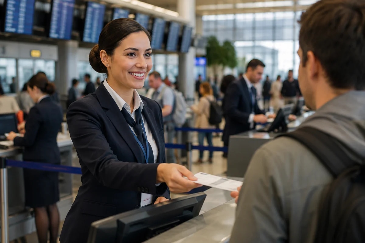 Cena realista em um terminal de aeroporto moderno: um agente de aeroporto em uniforme atendendo um passageiro no balcão de check-in com postura confiante, ao fundo filas organizadas, painéis de voos desfocados e equipe colaborando; ambiente limpo e profissional, sensação de movimento controlado; composição horizontal 600x400, foco no agente em primeiro plano e profundidade de campo suave; estilo fotográfico documental premium, cores neutras, iluminação natural difusa com highlights suaves, sem texto, sem logotipos, sem marcas d'água