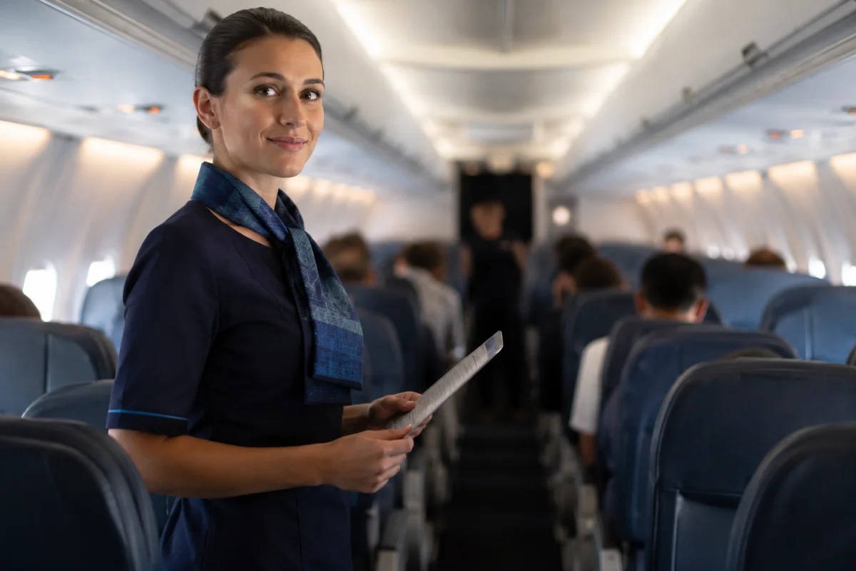 Fotografia realista em estilo editorial: comissário(a) de voo em primeiro plano no corredor de uma aeronave comercial, postura profissional e confiante, segurando um checklist de segurança discreto, passageiros desfocados ao fundo, cabine moderna e limpa, luz suave e natural vinda das janelas, cores neutras com detalhes azulados, profundidade de campo rasa, composição com regra dos terços, enquadramento horizontal 600x400, sem texto, sem logotipos, sem marcas d’água