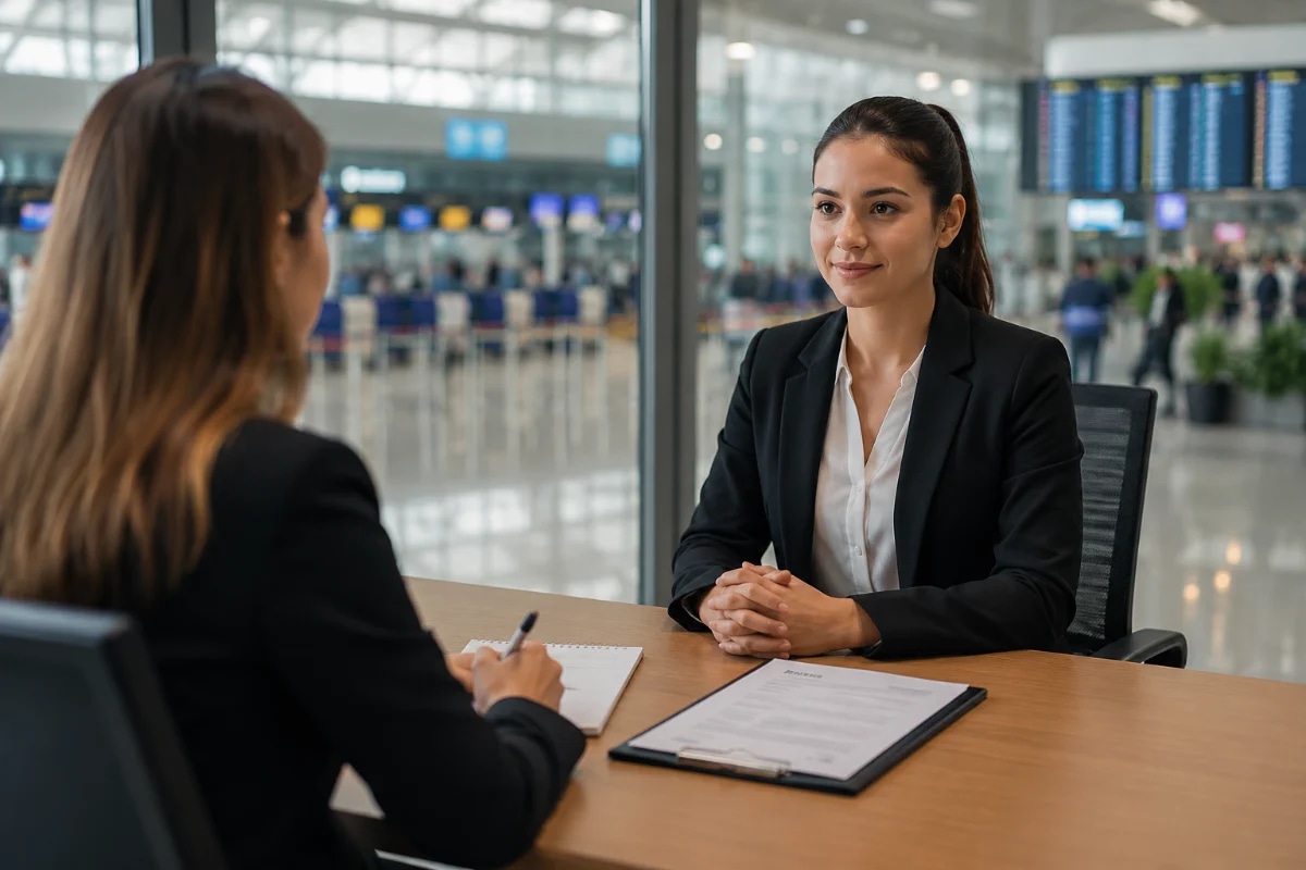 Cena realista em um aeroporto moderno: candidato(a) em traje social discreto sentado(a) em frente a uma recrutadora em uma sala de entrevista com parede de vidro, ao fundo desfocado balcões de check-in e painéis de voos; mesa com currículo e bloco de notas, linguagem corporal atenta e profissional; composição horizontal 600x400, enquadramento médio, profundidade de campo suave, estilo fotográfico editorial, cores neutras, iluminação natural suave de fim de manhã, sem texto, sem logotipos, sem marcas d’água
