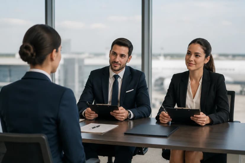 Cena realista de uma entrevista de emprego para comissário de voo em sala corporativa moderna dentro de um aeroporto, candidato(a) bem-apresentado(a) sentado(a) à frente de dois recrutadores com pranchetas, ao fundo janelas amplas com aeronave no pátio desfocada, mesa limpa com documentos e caneta, clima profissional e calmo, composição horizontal 600x400, enquadramento médio, profundidade de campo suave, estilo fotografia editorial, iluminação natural suave de fim de manhã, cores neutras, sem texto, sem logotipos, sem marcas d'água