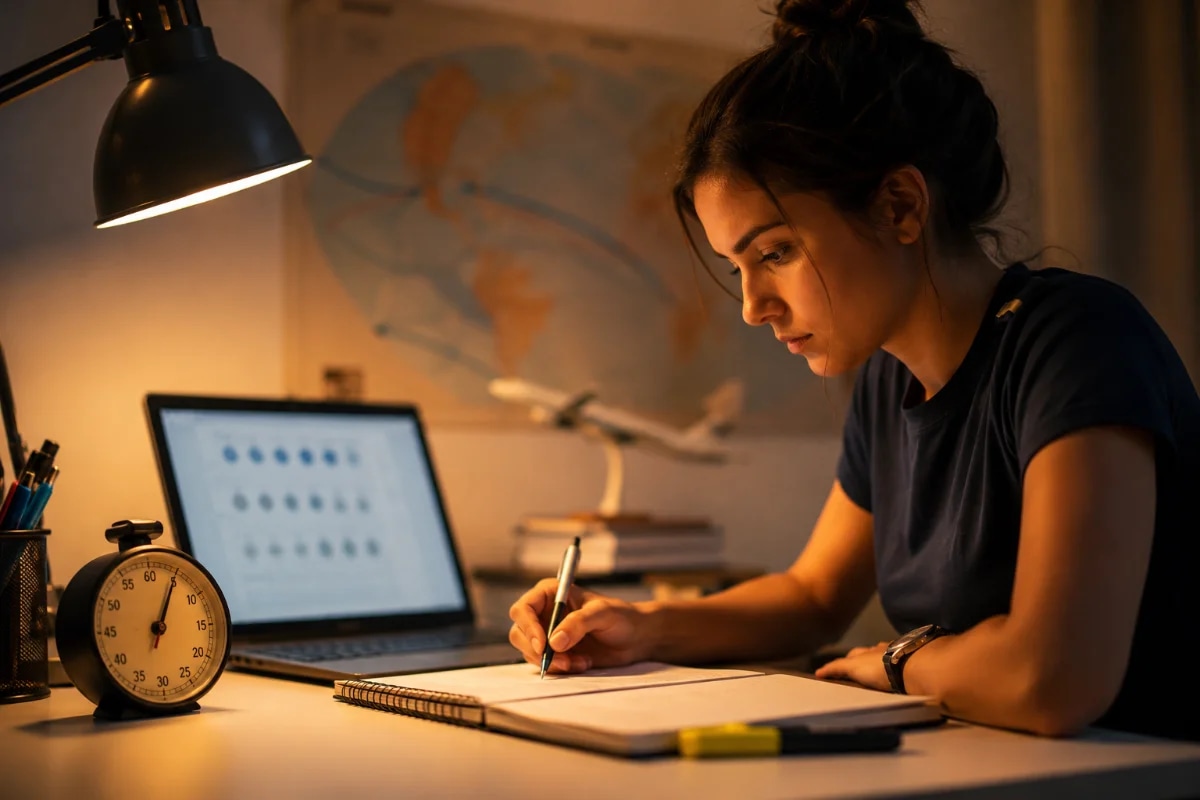 Candidato a comissário de voo estudando em casa à noite, mesa organizada com caderno aberto, laptop exibindo um simulado (sem texto legível), cronômetro analógico ao lado, caneta e marca-texto, expressão concentrada e levemente tensa; ao fundo, elementos sutis de aviação como um pequeno modelo de avião e um mapa de rotas na parede desfocado; composição horizontal 600x400, enquadramento em plano médio com foco nas mãos e no material de estudo, profundidade de campo rasa, estilo fotográfico realista, iluminação suave e quente de abajur com contraste moderado, sem texto, sem logotipos, sem marcas d’água