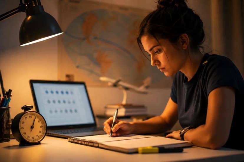 Candidato a comissário de voo estudando em casa à noite, mesa organizada com caderno aberto, laptop exibindo um simulado (sem texto legível), cronômetro analógico ao lado, caneta e marca-texto, expressão concentrada e levemente tensa; ao fundo, elementos sutis de aviação como um pequeno modelo de avião e um mapa de rotas na parede desfocado; composição horizontal 600x400, enquadramento em plano médio com foco nas mãos e no material de estudo, profundidade de campo rasa, estilo fotográfico realista, iluminação suave e quente de abajur com contraste moderado, sem texto, sem logotipos, sem marcas d’água