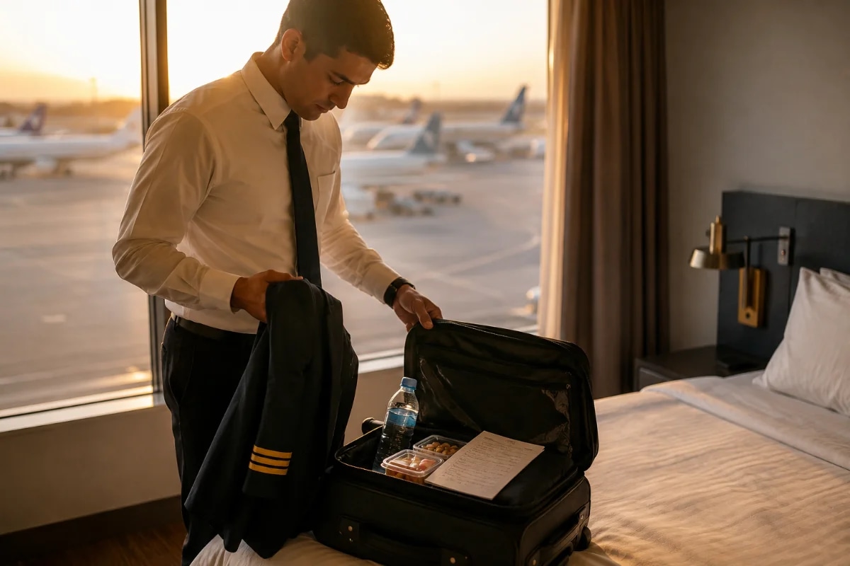 Fotografia realista de um comissário de bordo iniciante em um quarto de hotel de pernoite ao amanhecer, organizando uniforme e uma bolsa de voo aberta com checklist, garrafa de água e lanches saudáveis; ao fundo, janela com luz suave e silhueta de aeronaves no pátio do aeroporto desfocadas; ambiente calmo e minimalista, composição horizontal 600x400, enquadramento em plano médio com profundidade de campo rasa, iluminação natural dourada, estilo editorial moderno, sem texto, sem logotipos, sem marcas d’água